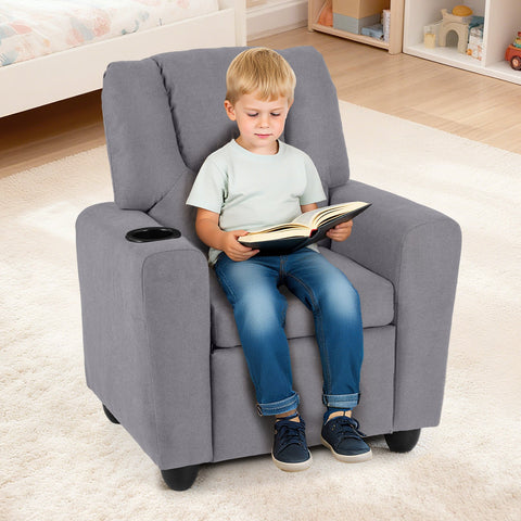 Kids Recliner with Cup Holder PU Leather Kids Reclining Chair-Beige