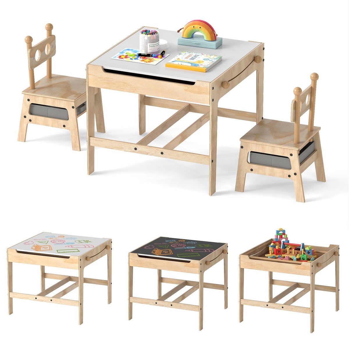 Kids Table and Chairs 4 in 1 Wooden Activity Desk Set (Robot Shape)-Grey