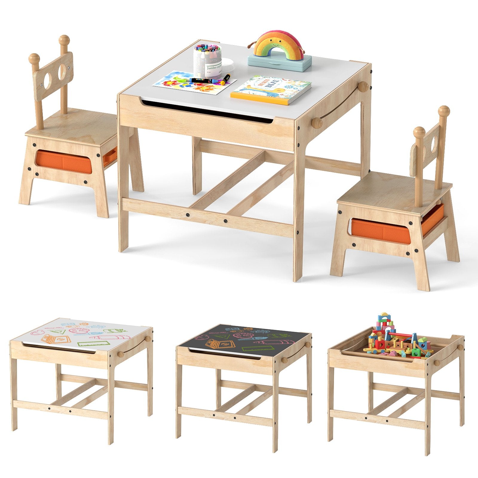 Kids Table and Chairs 4 in 1 Wooden Activity Desk Set (Robot Shape)-Grey