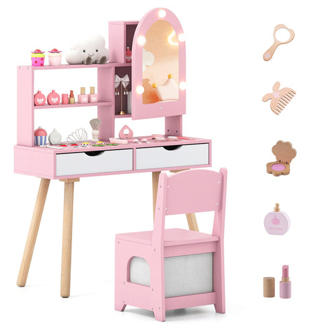Kids Vanity Set Pretend Play Dressing Table Set with 3-Color Lighting Modes-Pink