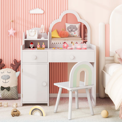 Kids Vanity Table and Chair Set with Cloud-shaped Mirror and Shelf Drawers-Purple