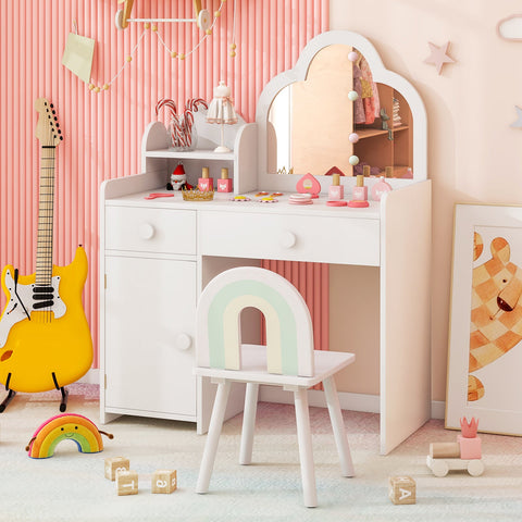 Kids Vanity Table and Chair Set with Cloud-shaped Mirror and Shelf Drawers-Purple