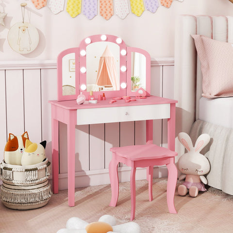 Kids Vanity Table with Mirror and Lights Princess Makeup Vanity Desk-White