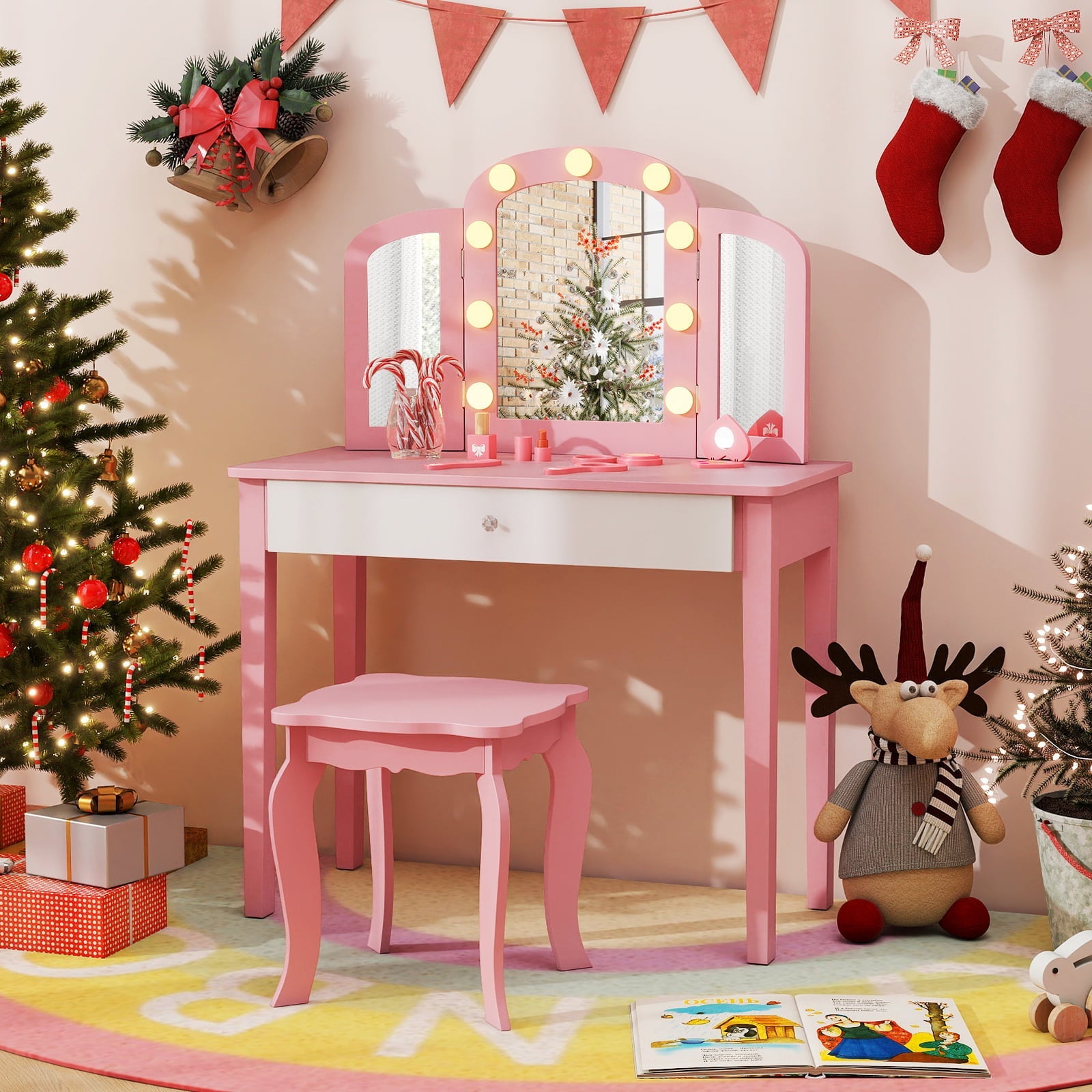 Kids Vanity Table with Mirror and Lights Princess Makeup Vanity Desk-White