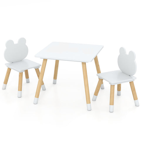 3 Pieces Kids Wooden Table and Chair Set with Cute Froggy Design-White