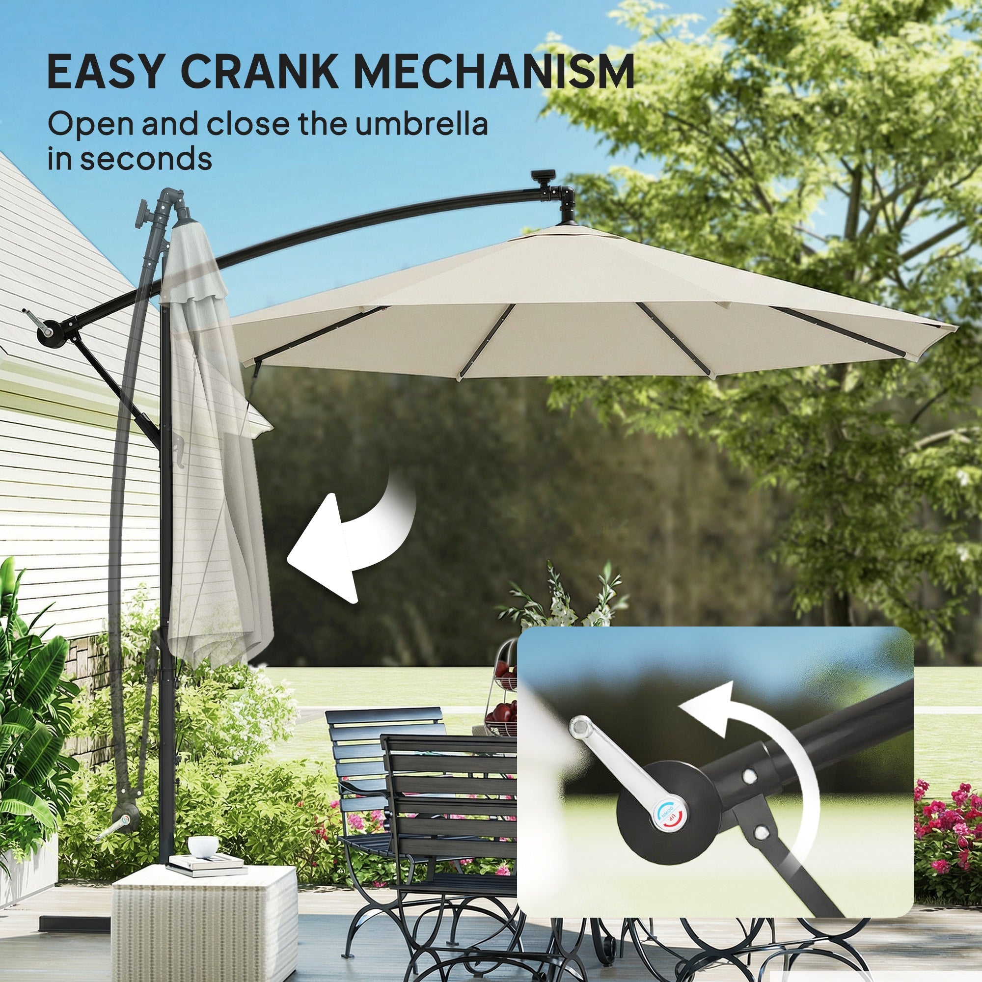 Outsunny 3 m Cantilever Parasol with Solar LED Lights Garden Umbrella with Cross Base, Cream White