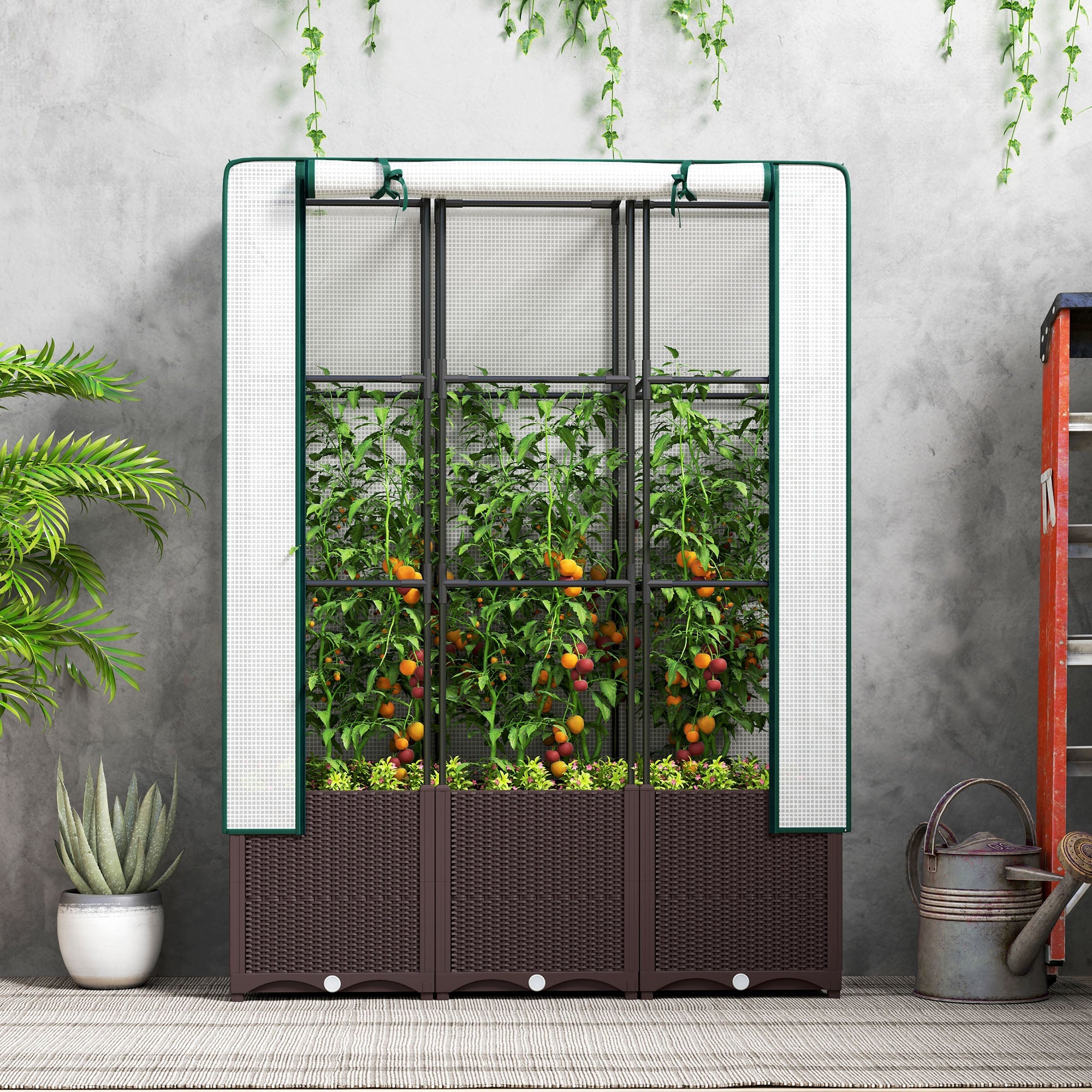 Outsunny Raised Garden Bed with Trellis, Plastic Planter Box with Drainage Holes and Drain Plugs for Climbing Plants, Vegetables, Flowers, 120 x 40 x 140 cm
