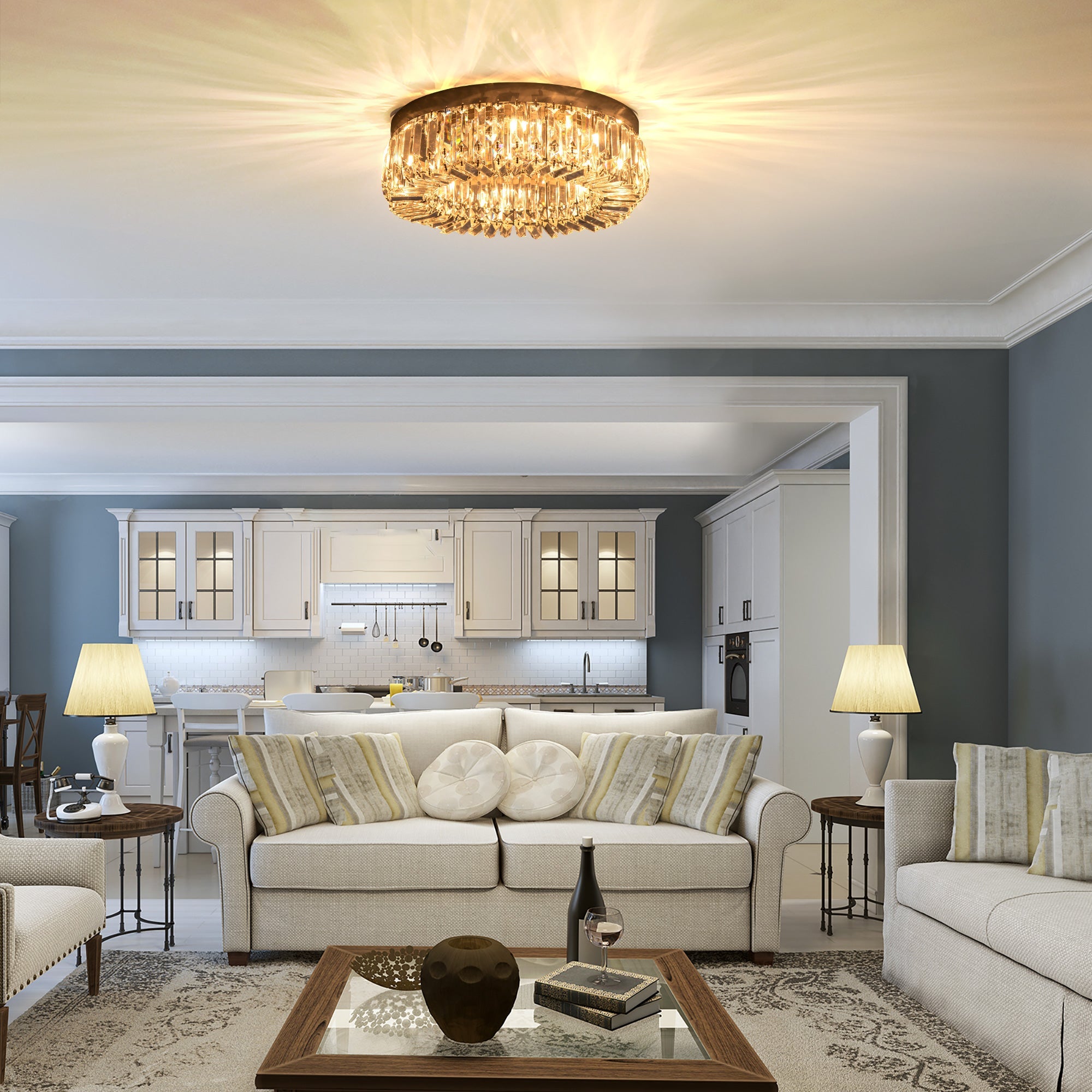 HOMCOM Crystal Ceiling Lights Set of 2, Modern Flush Chandeliers with Stainless Steel Base, Pendant Lights for Living Room Bedroom Dining Room, Silver Tone