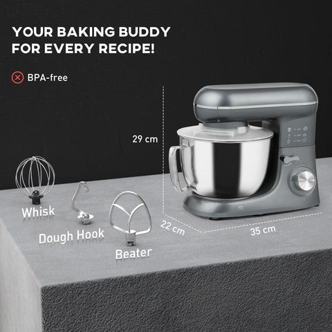 HOMCOM 1300W Kitchen Stand Mixer, with Accessories - Silver