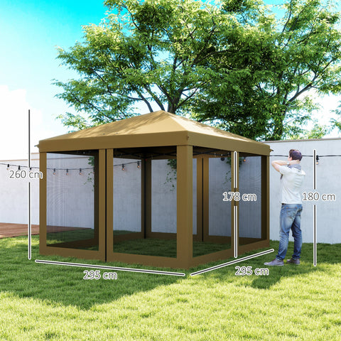 Outsunny 3 x 3\'c2\'a0m Pop Up Gazebo, 420D Garden Tent Canopy with Removable Mesh Sidewall Netting, Carry Bag for Garden Patio Outdoor, Khaki