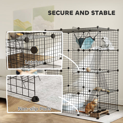 PawHut 4-Tier DIY Large Cat Cage with Hammock, Ramps, 5 Doors, Indoor Use for 1-3 Cats, Black