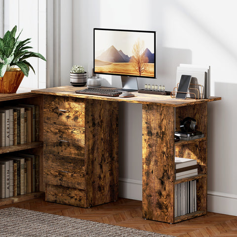 HOMCOM Computer Desk, Writing Table, PC Workstation with 3 Storage Shelves and Drawers, Silver Handle, for Home Office, Rustic Brown