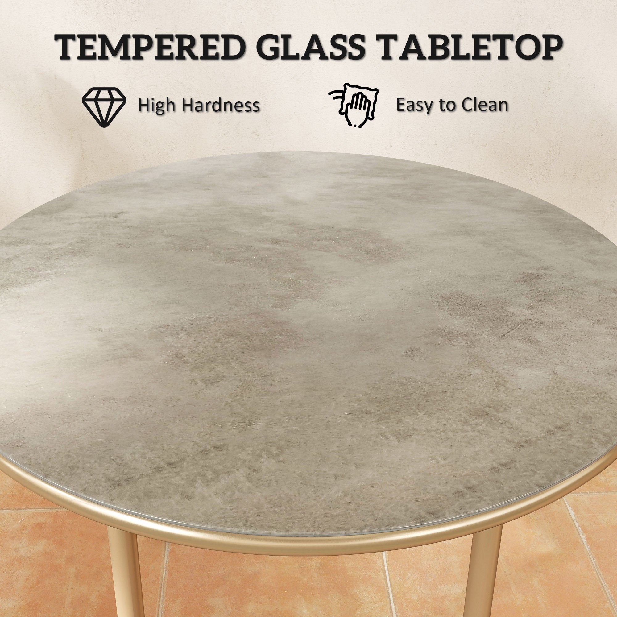 Outsunny Round Small Garden Table, 60cm Outdoor Side Table with Faux Marble Tempered Glass Top, Steel Frame for Garden Patio Balcony, Beige