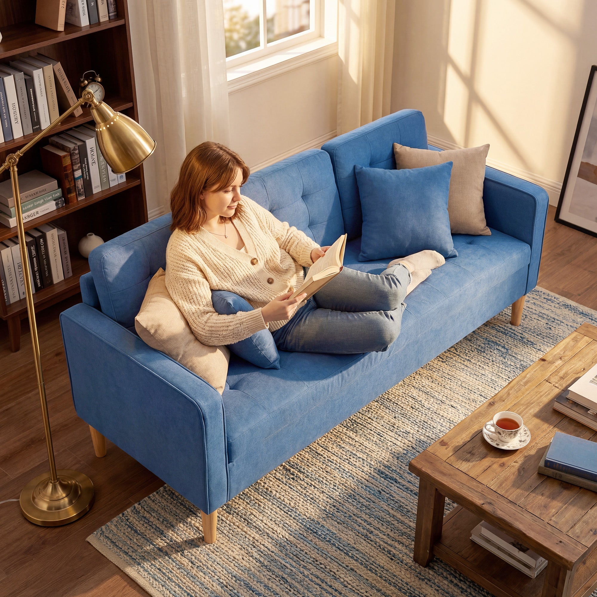 HOMCOM 3 Seater Sofa, 169cm Couch with Hidden Storage, Wood Legs, Blue