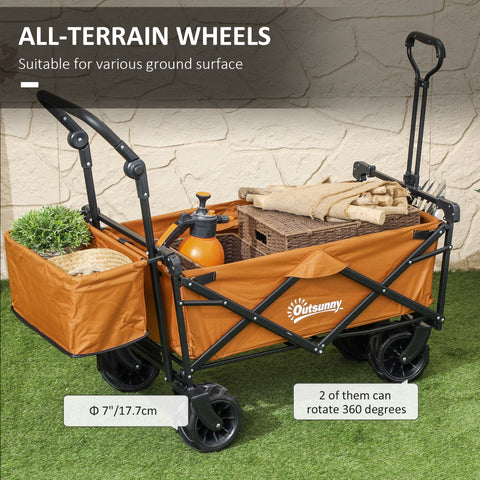 Outsunny Folding Trolley Cart Storage Wagon Beach Trailer 4 Wheels with Handle Overhead Canopy Cart Push Pull For Shopping Camping, Orange