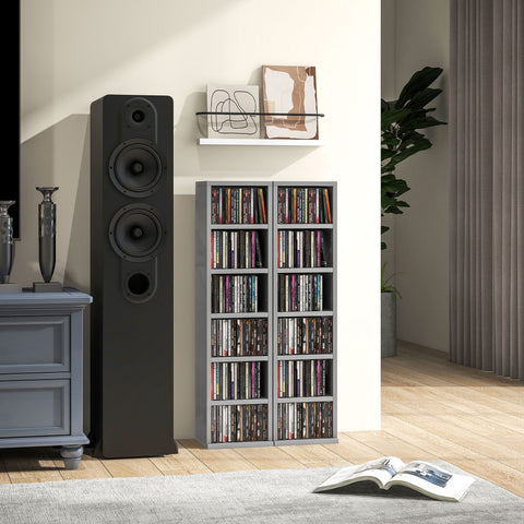 HOMCOM Set of 2 CD Media Display Shelf Unit Tower Rack with Adjustable Shelves, High Gloss Grey