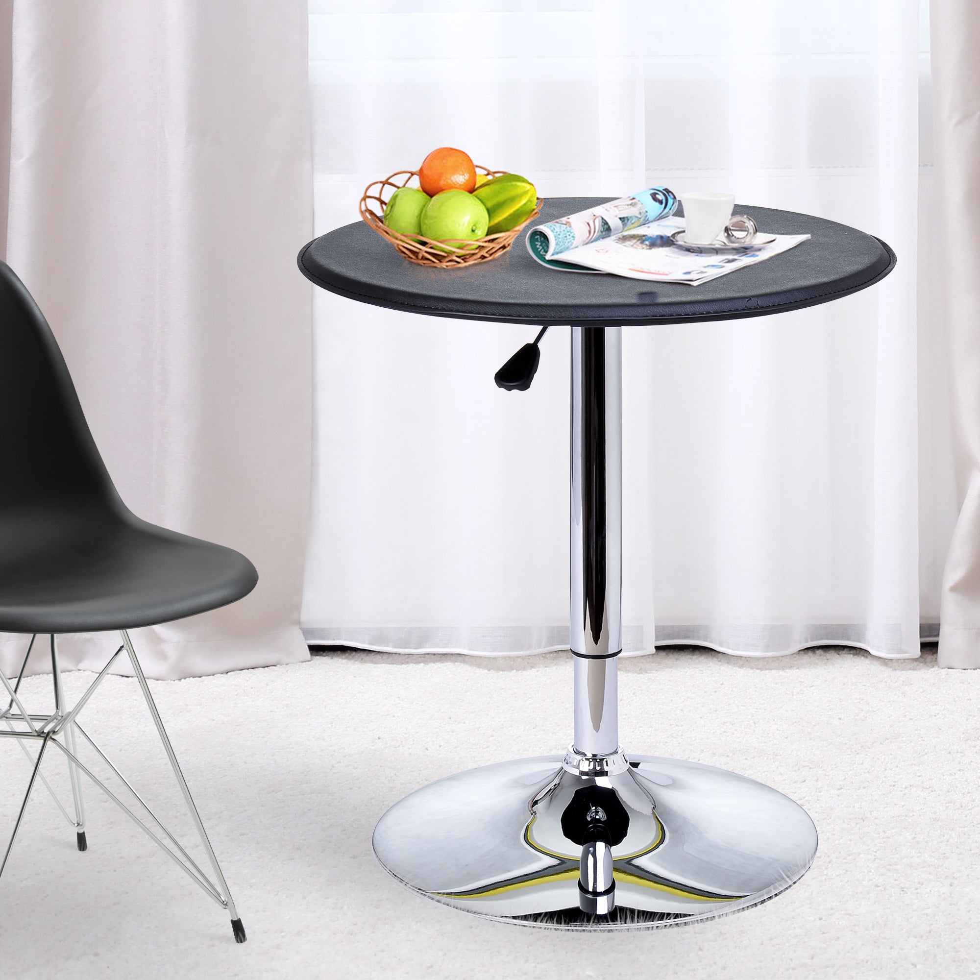 HOMCOM Adjustable Round Bistro Bar Table with PVC Leather Top Steel Base Home Kitchen Dining Desk  Black