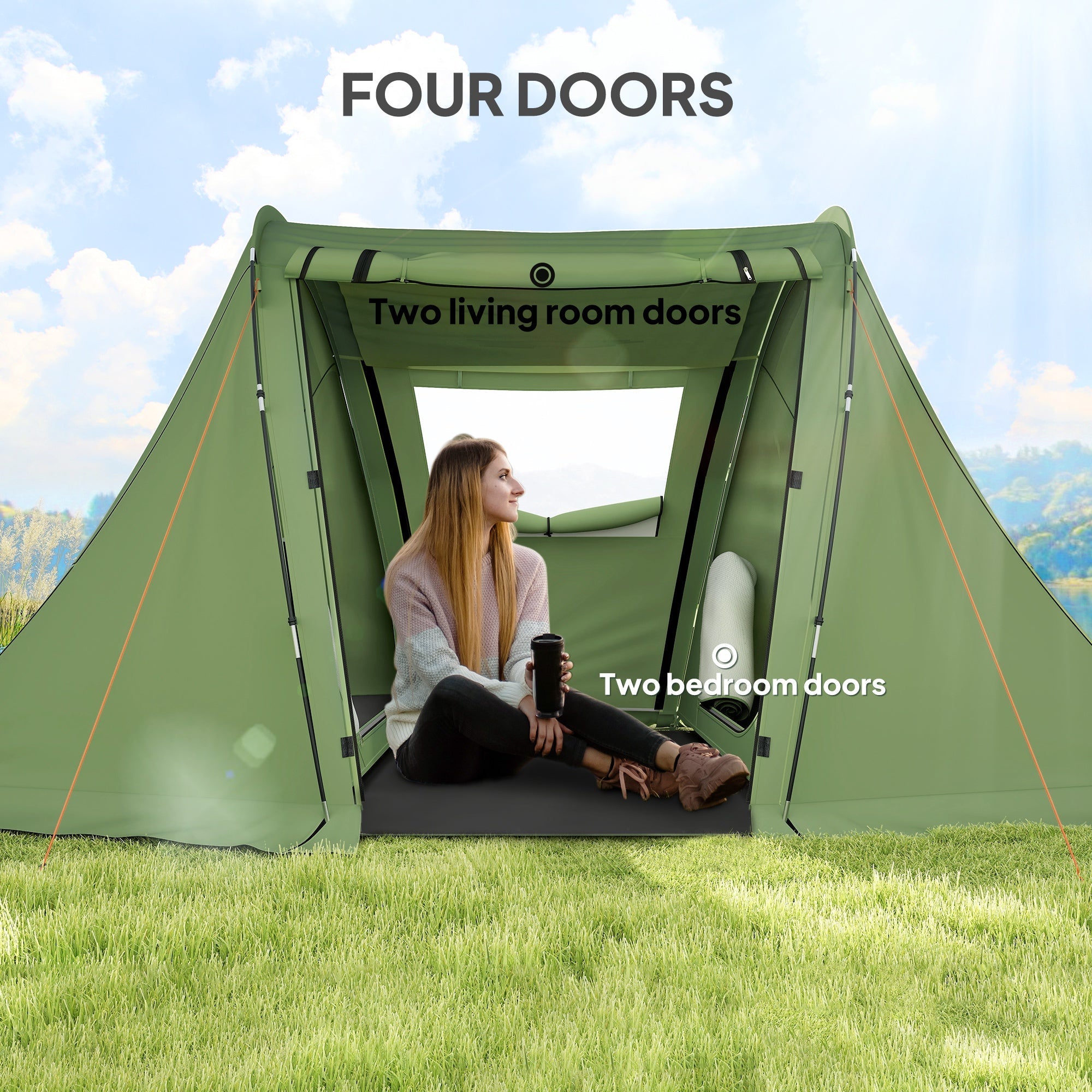 Outsunny 3 Man Camping Tent with Living Area and 2 Bedrooms, 3000mm Waterproof Family Tent with Sewn-in Groundsheet, Portable with Bag for Hiking, Festival, Backpacking, Green