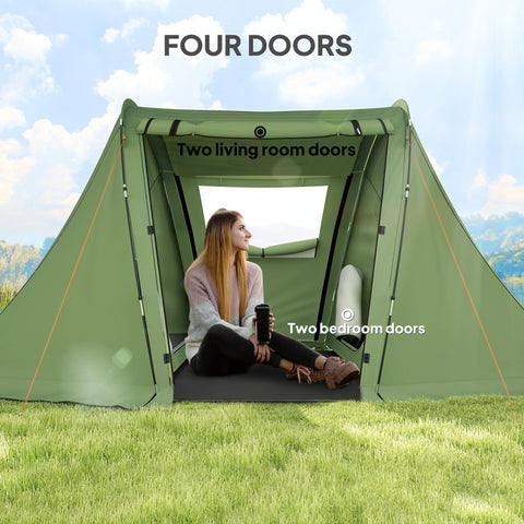 Outsunny 3 Man Camping Tent with Living Area and 2 Bedrooms, 3000mm Waterproof Family Tent with Sewn-in Groundsheet, Portable with Bag for Hiking, Festival, Backpacking, Green