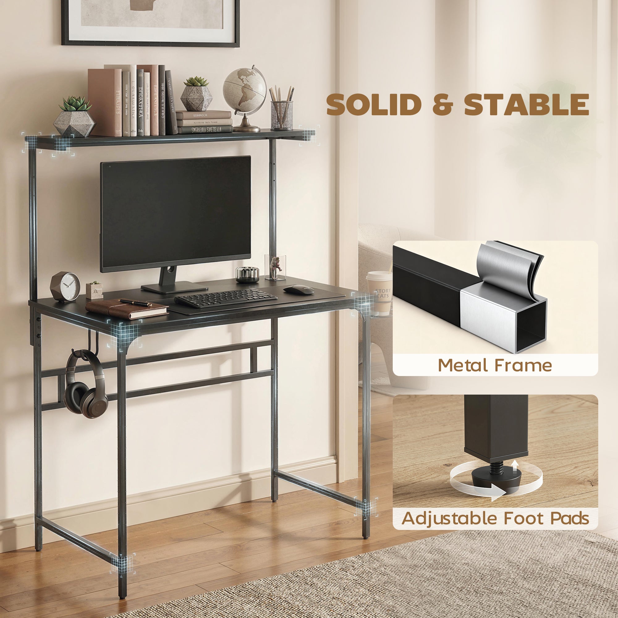 HOMCOM Computer Desk, 80cm Home Office Study Table with Hutch Shelf, Cup Holder, Headphone Hook, Black