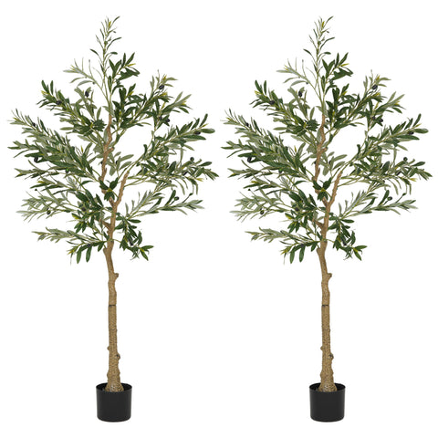 HOMCOM Set of 2 5ft/ 150cm Decorative Artificial Plant, Silk Olive Tree with 720 Leaves and 32 Olive Fruits in Pot, Fake Plant for Home, Office, Living Room, Indoor Decor