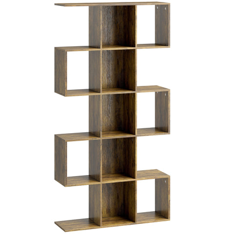 HOMCOM 5-Tier Bookshelf, S Shaped Geometric Bookcase with 15 Compartments, Rustic Brown