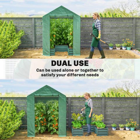 Outsunny Small Greenhouse with Raised Garden Bed, Galvanised Walk-in Greenhouse with Roll Up Windows, 141 x 141 x 190 cm, Green