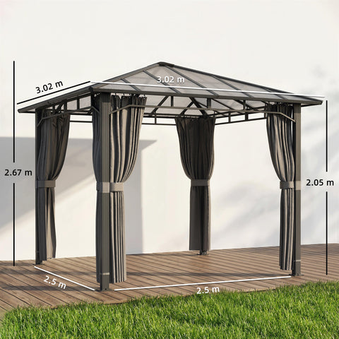 Outsunny 3 x 3 m Outdoor Hardtop Gazebo Canopy with PC Roof, Aluminium Permanent Pavilion Garden Gazebo with Curtains, Tan