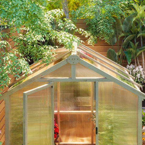 Outsunny 6.6 x 6ft Polycarbonate Greenhouse, Walk-in Wooden Greenhouse with Lockable Door and Window, Garden Plants Grow House, Brown