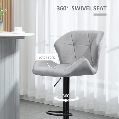 HOMCOM Bar Stools Set Of 2, Luxurious Velvet-Touch Barstools with Metal Frame Footrest Round Base Triangle Indenting Moulded Seat Adjustable Height Swivel Grey