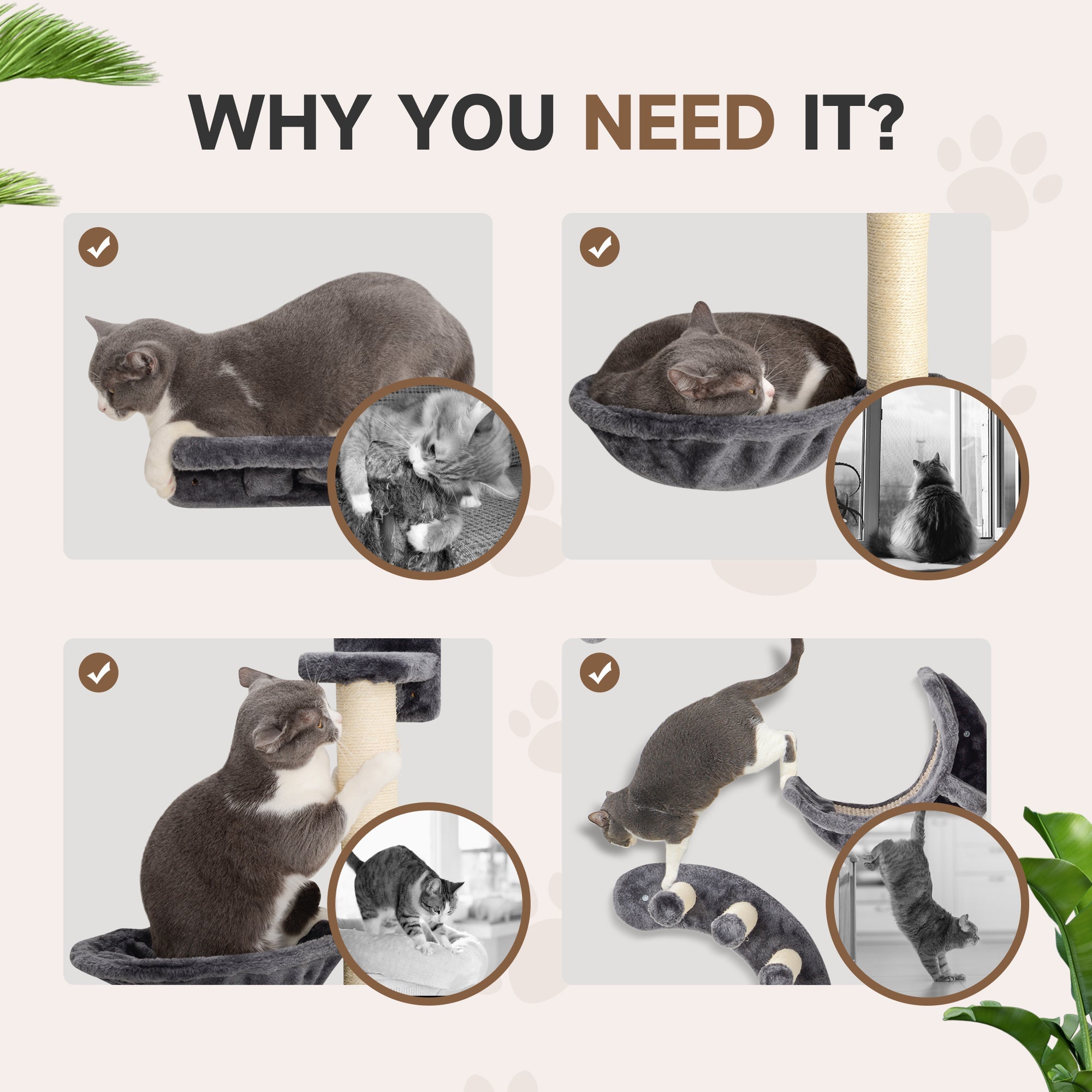 PawHut Four-Piece Cat Wall Furniture, with Hammock, Ladder, Platforms, Steps, for Indoor Use - Dark Grey