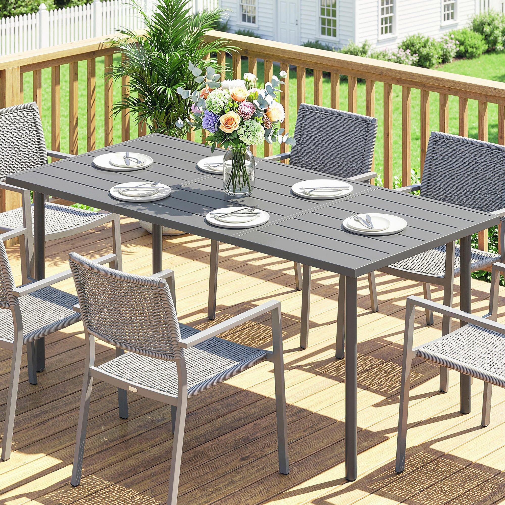 Outsunny Garden Dining Table for 6 Person, 165 x 80 cm Rectangular Outdoor Dining Table with Slatted Top
