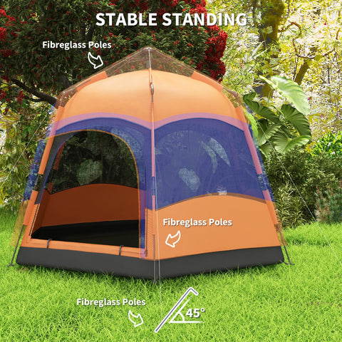 Outsunny Six Man Hexagon Camping Tent with Hang Hook and Carry Bag - Orange and Blue
