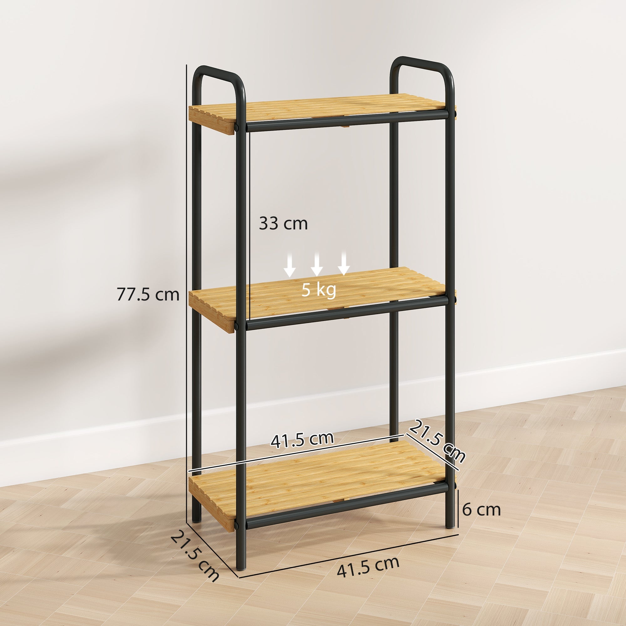 HOMCOM 3-Tier Bamboo Bathroom Storage Shelf, Freestanding Narrow Shelving Unit with Slatted Shelves for Kitchen Bathroom Living Room, 41.5 x 21.5 x 77.5 cm, Natural and Black