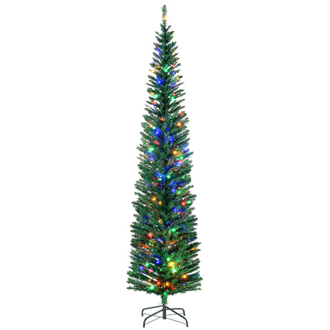 HOMCOM 7.5' Artificial Prelit Christmas Trees Holiday D\'c3\'a9cor with Colourful LED Lights, Pencil Shape, Steel Base