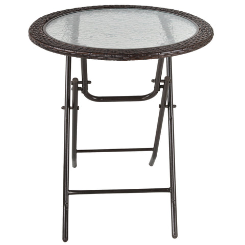 Outsunny Folding Rattan Garden Dining Table, 68 cm Round Rattan Garden Table with Water Ripple Tempered Glass Top, Wicker Edging  and Steel Frame for Outdoor, Patio, Brown