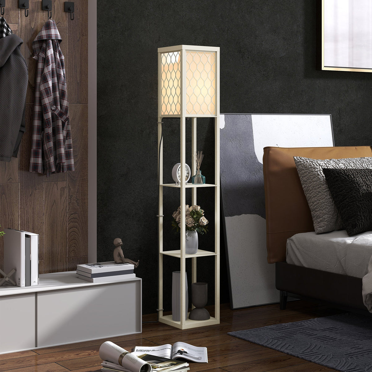 HOMCOM Three-Shelf Standing Lamp - Oak/White
