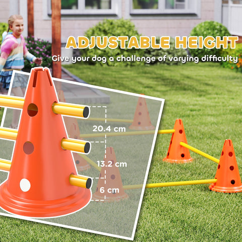 PawHut Dog Agility Equipment Set of Eight Cones, Eight Poles w/ Carry Bag, Four-Piece Adjustable Height Jumping Obstacles