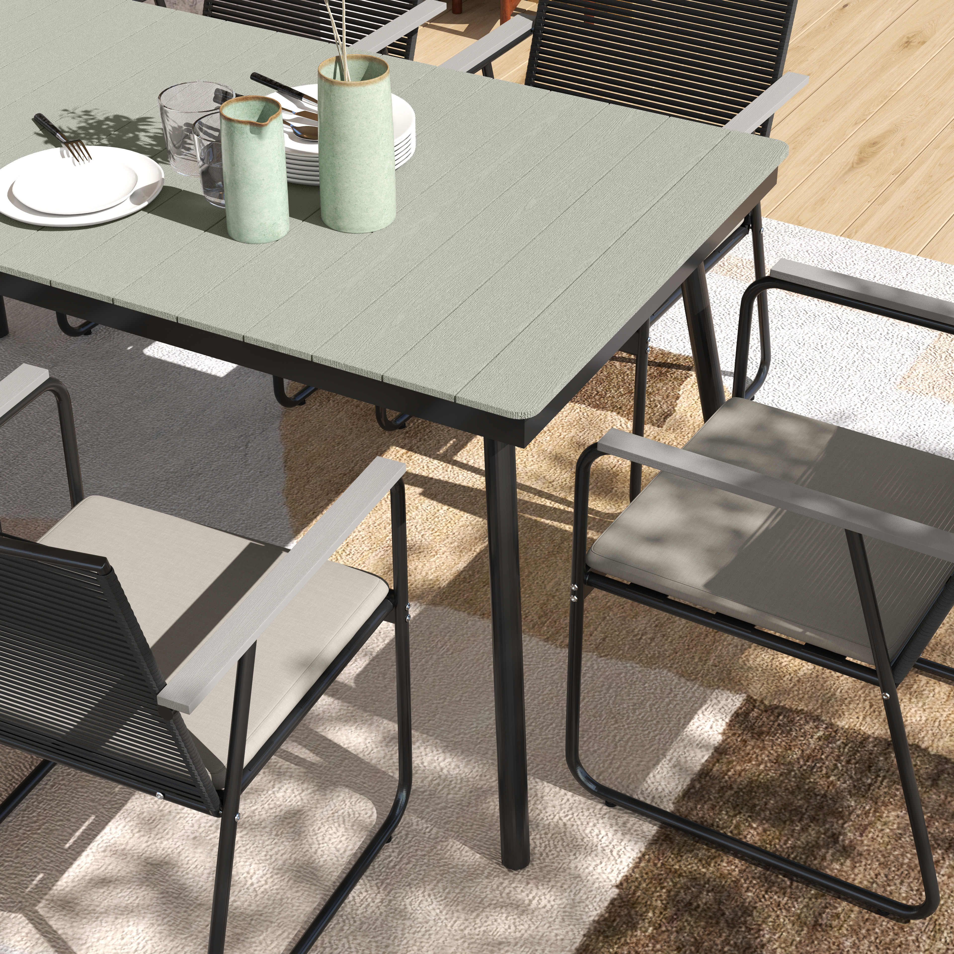 Outsunny 6 Seater Garden Dining Set with Soft Cushions, Rattan Backrest, Rectangular Plastic Top, Garden Furniture Set, Outdoor Dining Table and Chairs for Patio, Balcony, Poolside, Grey