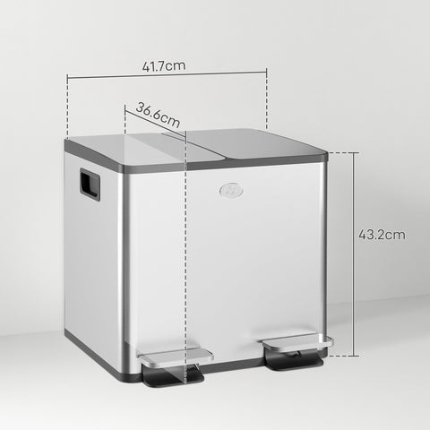 HOMCOM 30L Dual Compartment Stainless Steel Bin, with Deodoriser Holders - Silver Tone