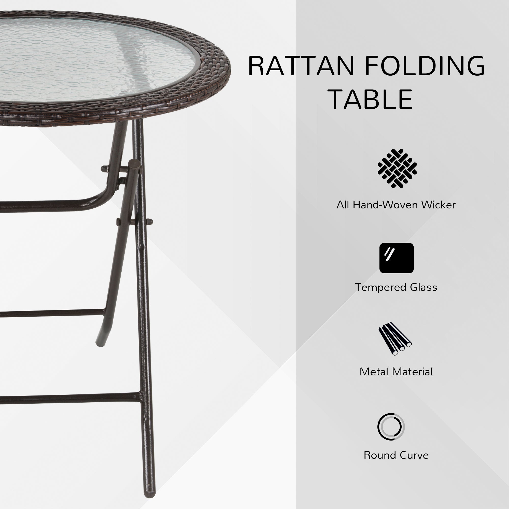 Outsunny Folding Rattan Garden Dining Table, 68 cm Round Rattan Garden Table with Water Ripple Tempered Glass Top, Wicker Edging  and Steel Frame for Outdoor, Patio, Brown