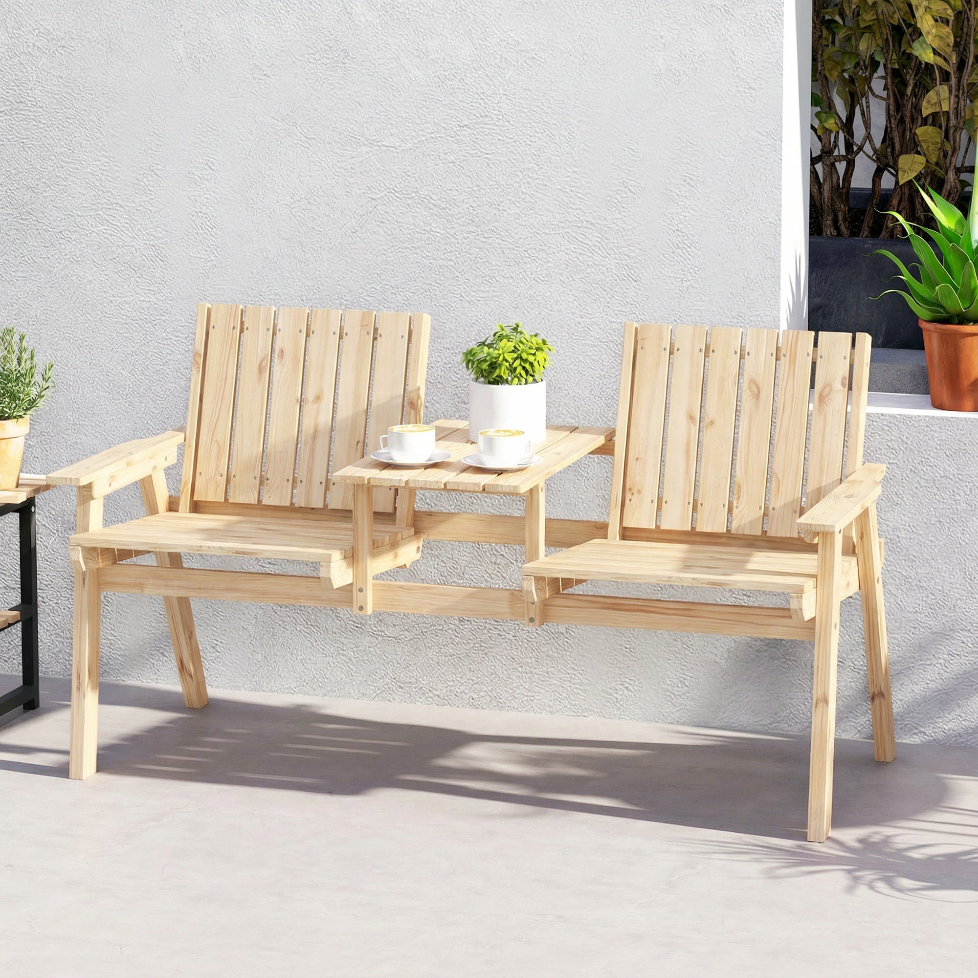 Outsunny 2-Seater Garden Loveseat with Table and Parasol Hole for Porch, Patio, Natural Wood Finish