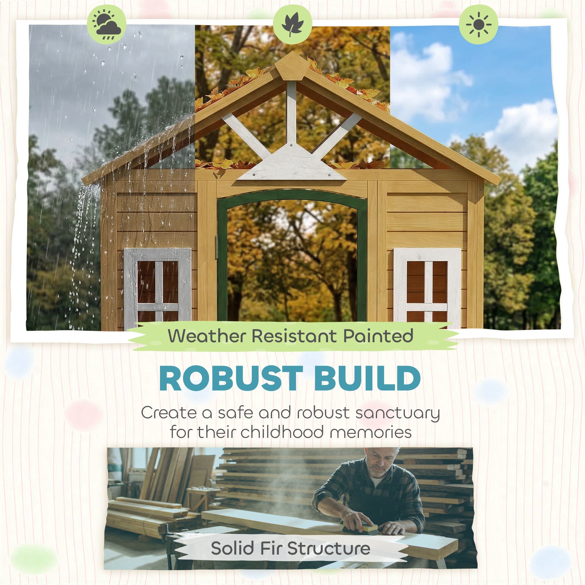 AIYAPLAY Outdoor Kids Playhouse, Wooden Wendy House with Door, 3 Windows, 2 Flower Boxes for Garden, Indoor Playroom
