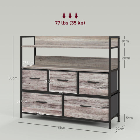 HOMCOM Rustic Chest of Five Fabric Drawers - Grey Wood Effect
