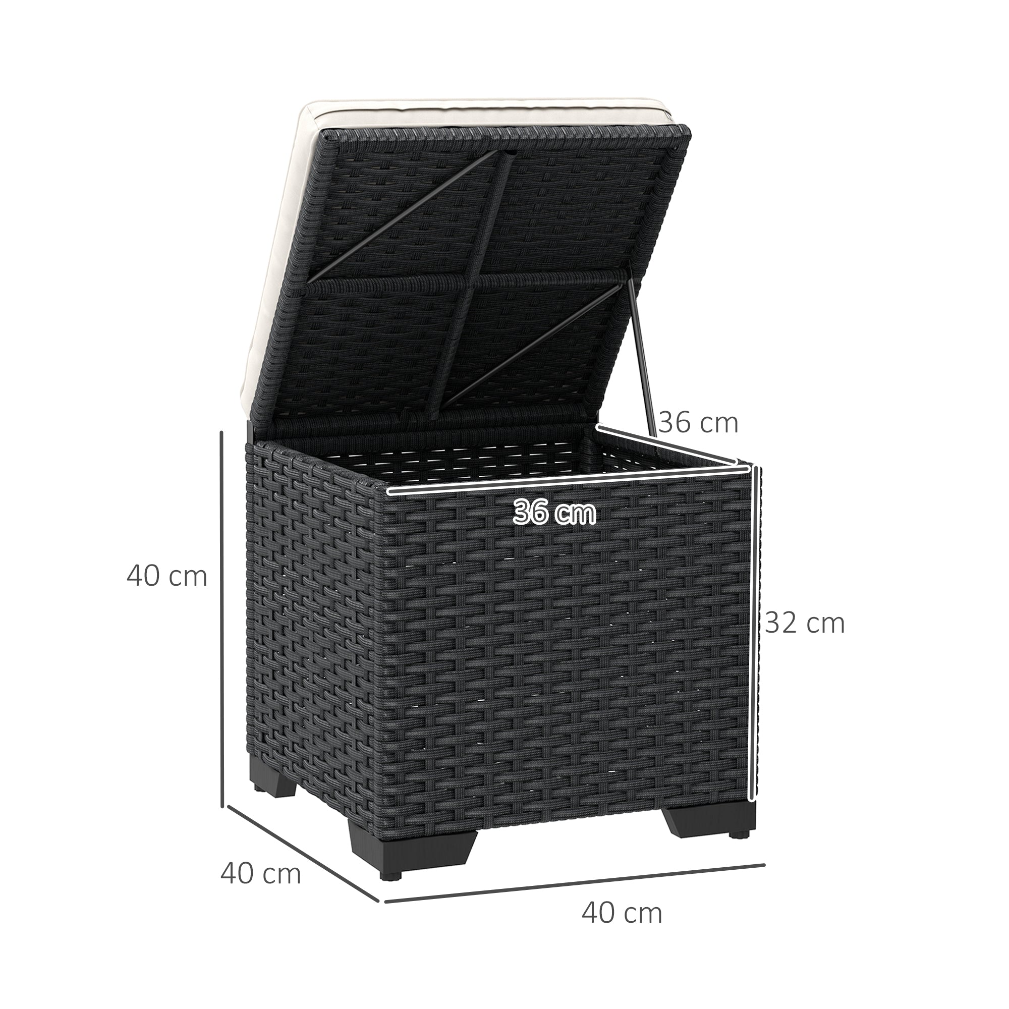 Outsunny Set of 2 Rattan Storage Ottoman, Outdoor Footstool with Removable Cushions, Garden Storage Seat for Balcony, Poolside, Living Room, Cream