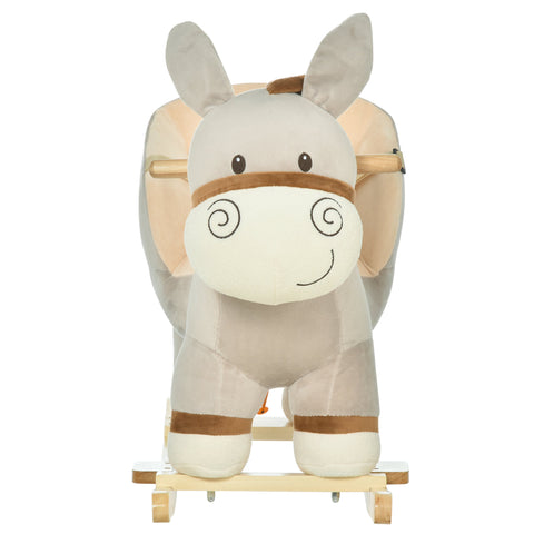 HOMCOM Kids Children Rocking Horse Plush Ride On Donkey Seat w/ Sound Wood Base Seat Safety Belt Toddler Baby Toy Rocker Grey 18 - 36 Months
