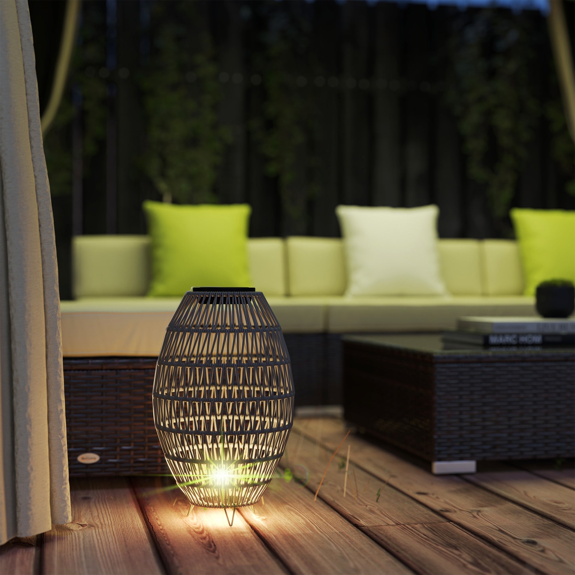 Outsunny Rattan Solar Lamp, Garden Solar Lantern with Auto On/Off Light, IP44 Waterproof, Decorative Outdoor Rattan Lamp for Porch, Pathway, Grey