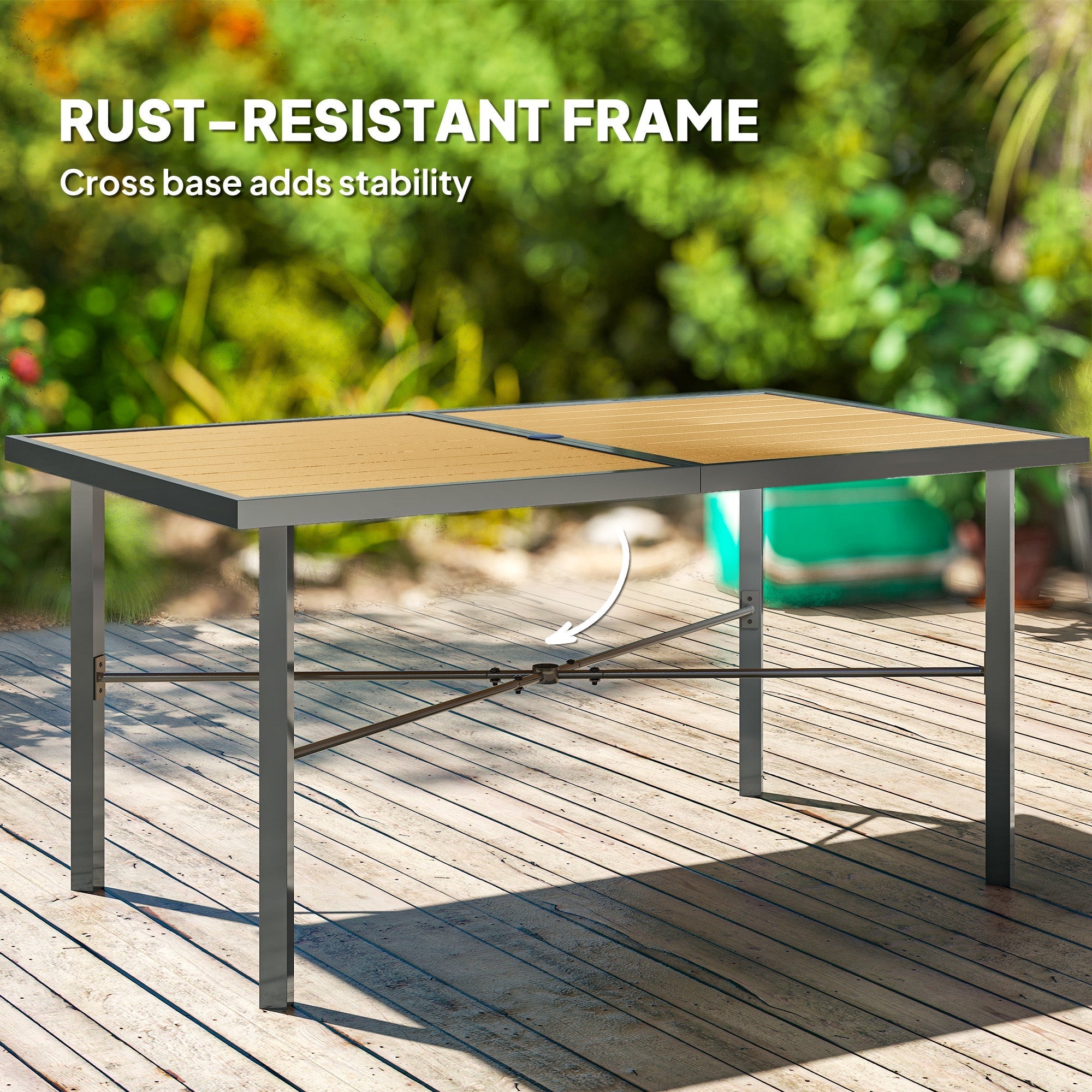 Outsunny Garden Table for 6, Outdoor Dining Table with 5cm Umbrella Hole, Wood Effect Top, Rust Resistant Frame, for Patio, Balcony, Terrace, 150 x 90 cm