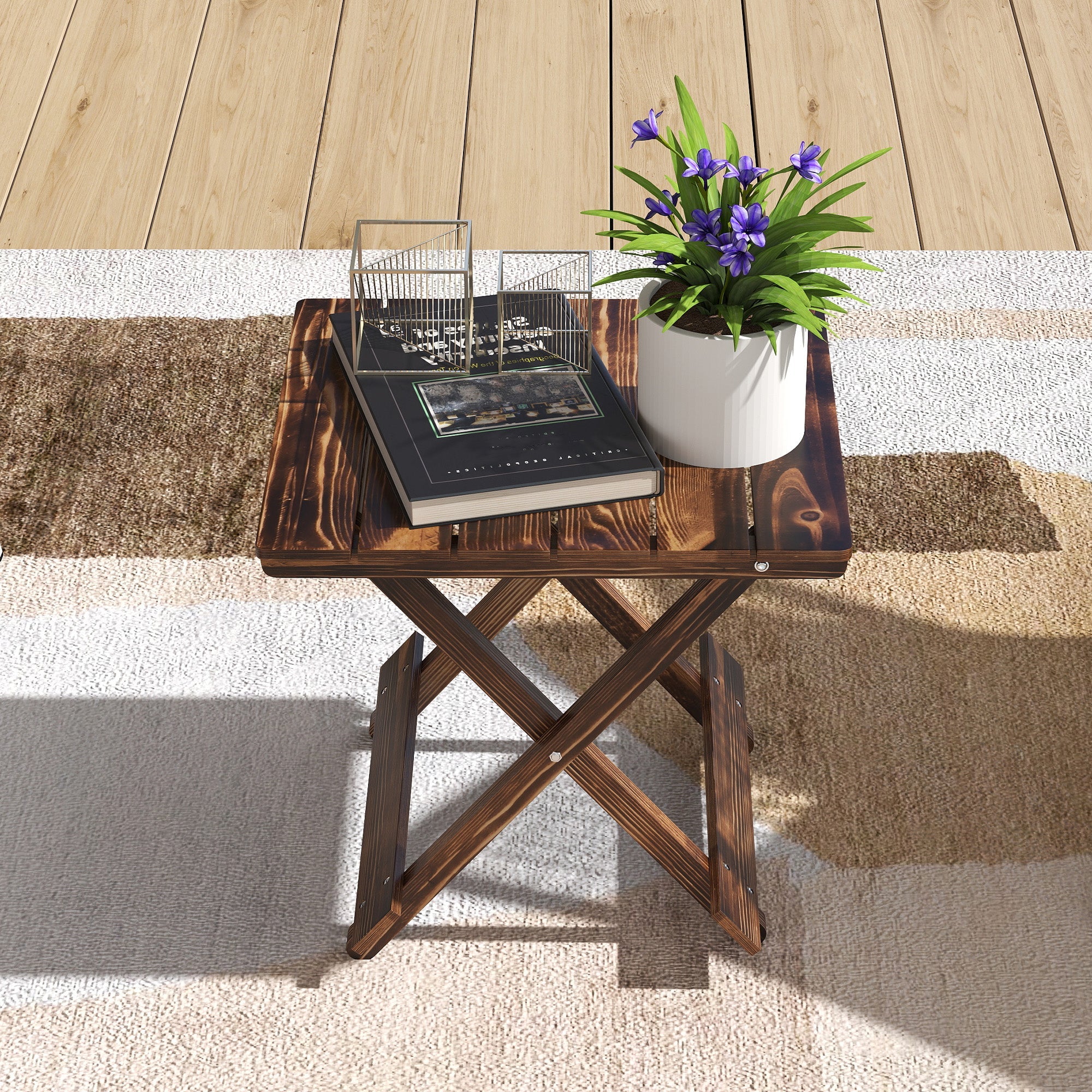 Outsunny Fir Wood Folding Coffee Table, Lightweight Small Garden Table with Slatted Top, Portable Folding Side Table for Balcony