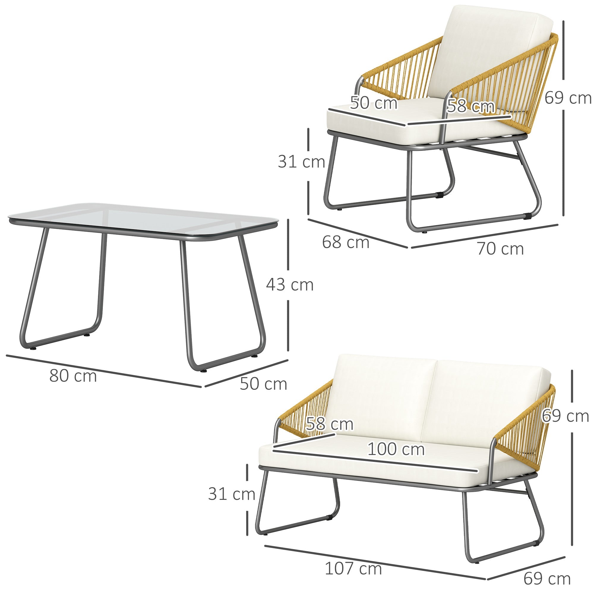 Outsunny 4 Piece Rattan Garden Furniture Set, Wicker Patio Outdoor Furniture Set with Loveseat, Armchairs, Glass Top Coffee Table and Cushions for Patio, Conservatory, Balcony, Natural Wood Finish